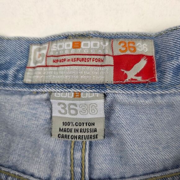 Vintage Y2K God Body Distressed Denim Shorts Baggy Wide Leg Jorts Mens Size 36 - Picture 8 of 11